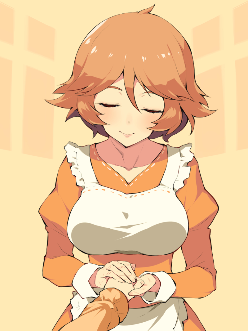 1girl ahoge apron breasts closed_eyes closed_mouth collarbone dress elysion hair_between_eyes holding_hands juliet_sleeves light_brown_hair long_sleeves medium_breasts orange_dress puffy_sleeves ribbon_trim sacrifice's_sister_(elysion) sacrifice_(sound_horizon) short_hair siblings sisters sleeve_cuffs smile solo_focus sound_horizon v-neck waist_apron white_apron yellow_background youhei_64d
