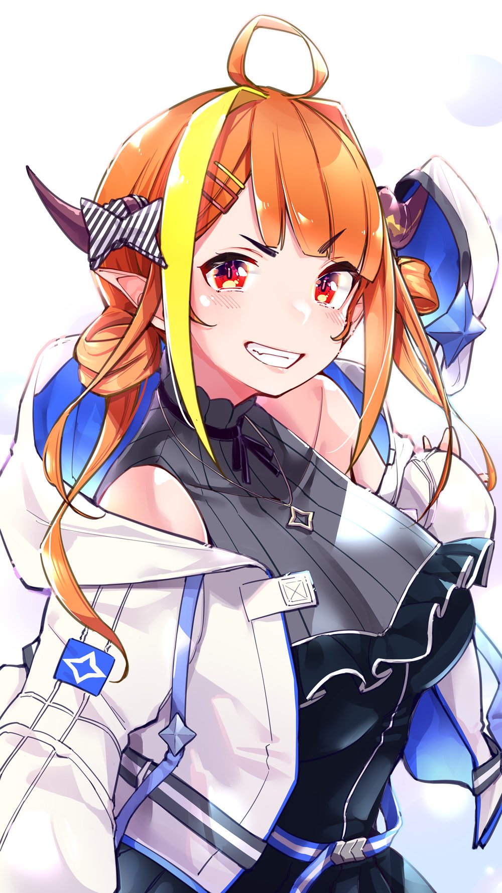 1girl ahoge amane_kanata amane_kanata_(cosplay) bangs bare_shoulders beret black_neckwear black_shirt blonde_hair blunt_bangs blush bow breasts collarbone commentary_request cosplay diagonal-striped_bow dragon_girl dragon_horns eyebrows_visible_through_hair grin hair_intakes hair_ornament hairclip hat hat_on_horn hat_removed headwear_removed highres hololive hood hood_down hooded_jacket horn_bow horns jacket jewelry kiryu_coco large_breasts long_hair long_sleeves looking_at_viewer multicolored_hair neck_ribbon necklace open_clothes open_jacket orange_hair pointy_ears red_eyes ribbon shirt sidelocks simple_background sleeveless sleeveless_shirt slit_pupils smile solo star_(symbol) star_necklace streaked_hair striped striped_bow twintails upper_body virtual_youtuber white_background white_headwear white_jacket yuyaiyaui