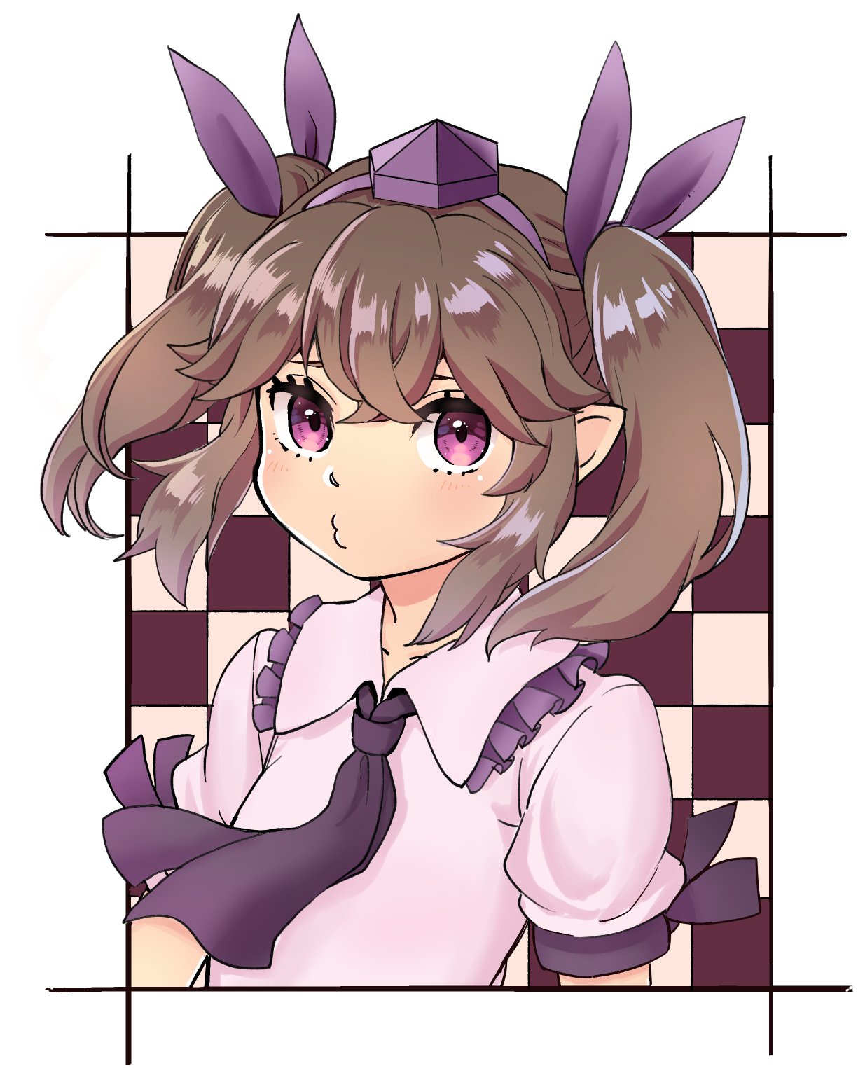 1girl blush breasts brown_hair checkered checkered_background hat highres himekaidou_hatate long_hair natsushiro o3o pointy_ears simple_background small_breasts solo tokin_hat touhou twintails upper_body violet_eyes