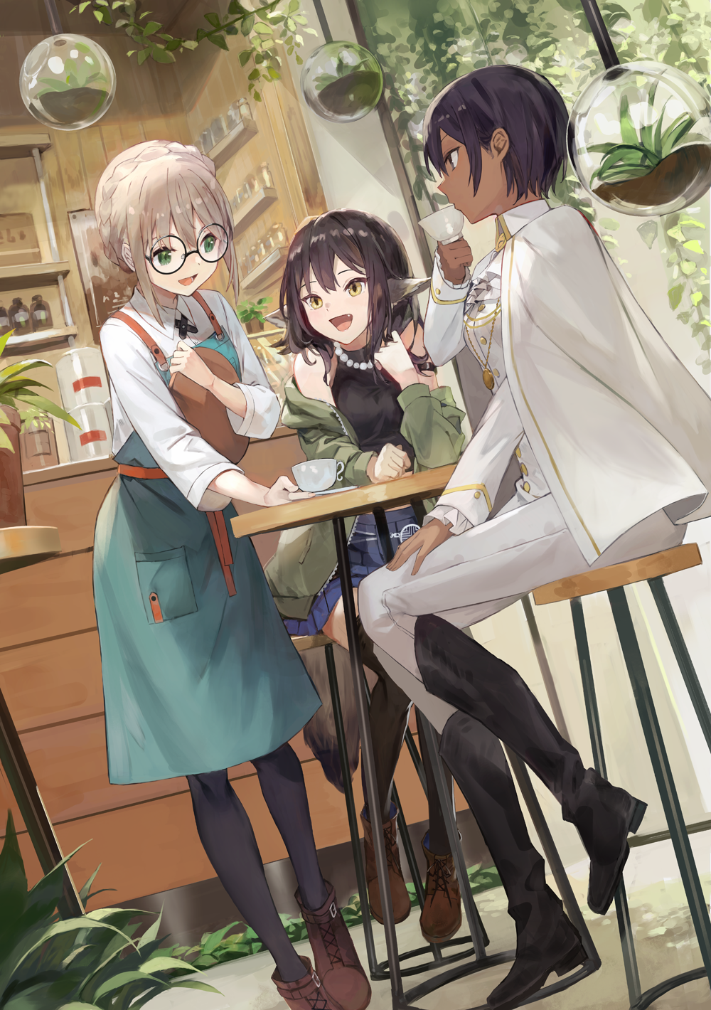 3girls animal_ears aspen_(please_be_happy) bangs braid cafe coffee_cup crown_braid cup dark-skinned_female dark_skin disposable_cup fox_girl glasses green_eyes highres juliet_(please_be_happy) kobuta long_hair miho_(please_be_happy) multiple_girls official_art open_mouth plant please_be_happy shirt short_hair sitting slit_pupils sphere standing stool table white_shirt yellow_eyes