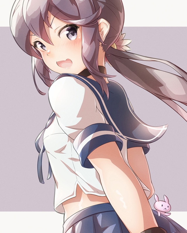 1girl akebono_(kancolle) angry arthur_ko bangs black_gloves blue_sailor_collar blue_skirt breasts chibi close-up commentary_request eyebrows eyebrows_visible_through_hair fang flower from_side gloves grey_background hair_between_eyes hair_flower hair_ornament head_tilt kantai_collection long_hair looking_at_viewer miniskirt open_mouth pleated_skirt ponytail purple_hair rabbit sailor_collar school_uniform serafuku shirt short_sleeves side_ponytail sidelocks simple_background skin_fang skirt small_breasts solo standing startled very_long_hair violet_eyes white_background