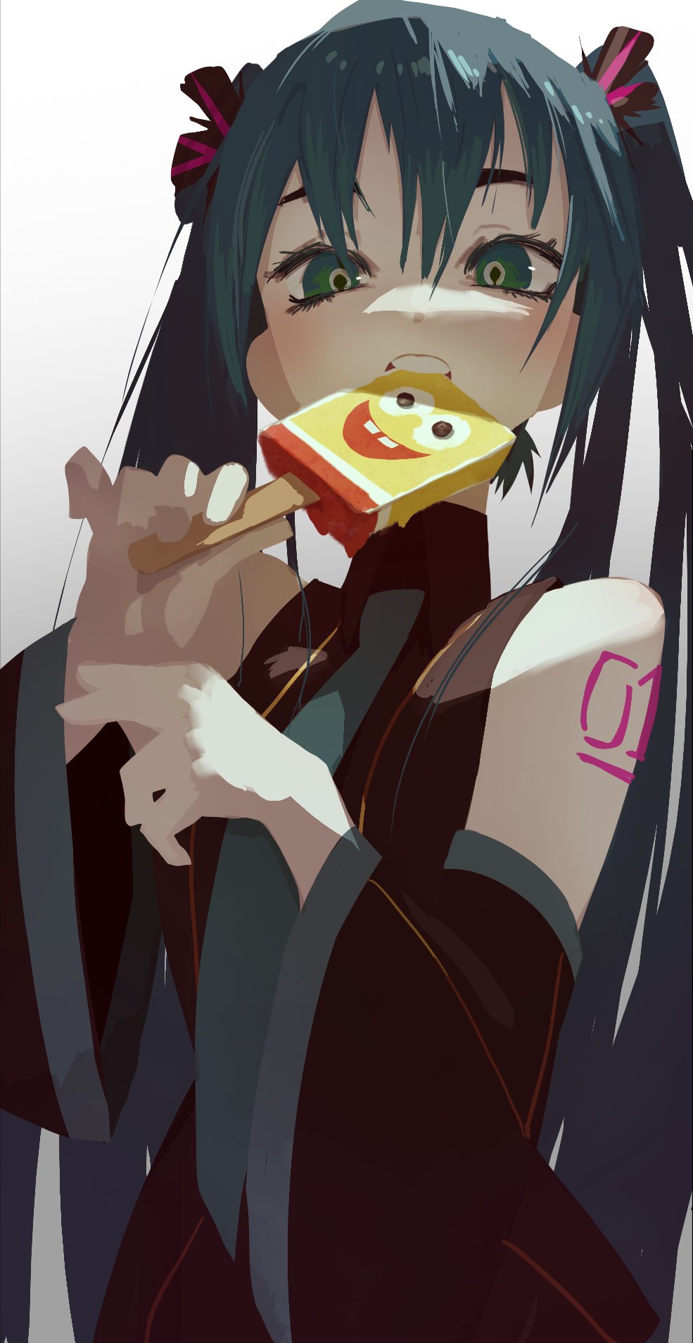 1girl aqua_neckwear arm_tattoo bangs biting black_shirt blue_eyes blue_hair crossover detached_sleeves eating food gradient gradient_background grey_background hair_between_eyes hair_ribbon hatsune_miku highres holding looking_at_viewer necktie popsicle ribbon shirt simple_background spongebob_squarepants spongebob_squarepants_(character) tattoo topdylan twintails vocaloid