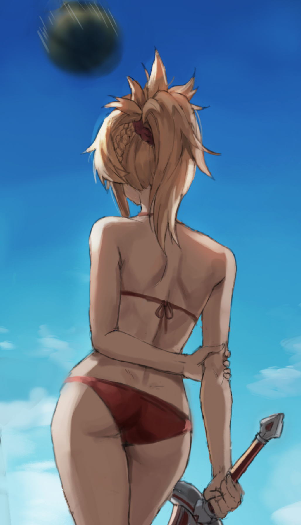 1girl arms_behind_back ass bikini blonde_hair blue_sky clouds day fate/apocrypha fate_(series) food from_behind fruit highres holding holding_sword holding_weapon mordred_(fate) mordred_(fate)_(all) outdoors ponytail red_bikini short_hair sky solo swimsuit sword tonee watermelon weapon