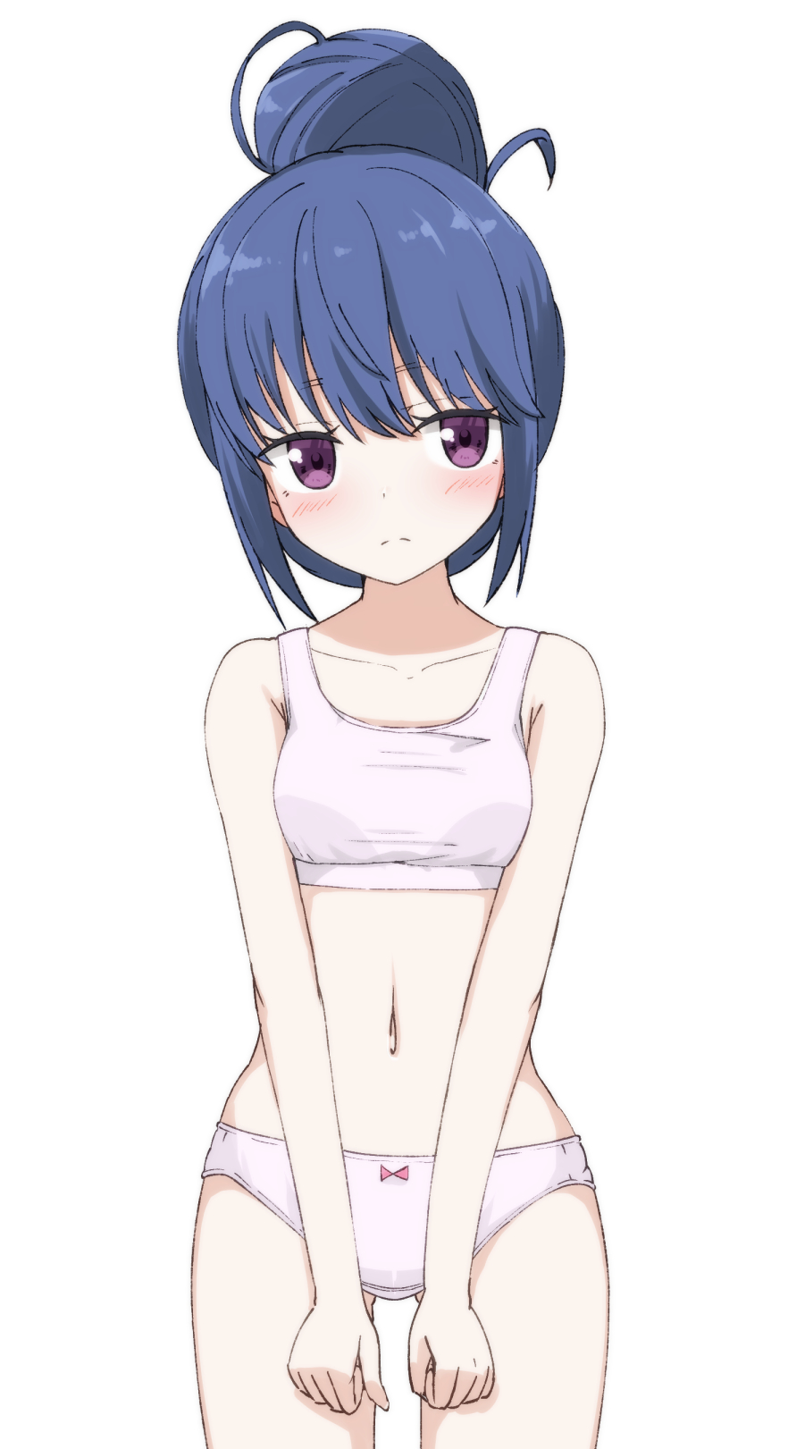 1girl ass_visible_through_thighs bangs bare_arms bare_shoulders blue_hair blush bow bow_panties bra breasts closed_mouth collarbone eyebrows_visible_through_hair hair_bun head_tilt highres hippo_(hirople) navel panties pink_bra pink_panties shima_rin simple_background small_breasts solo underwear underwear_only violet_eyes white_background yurucamp