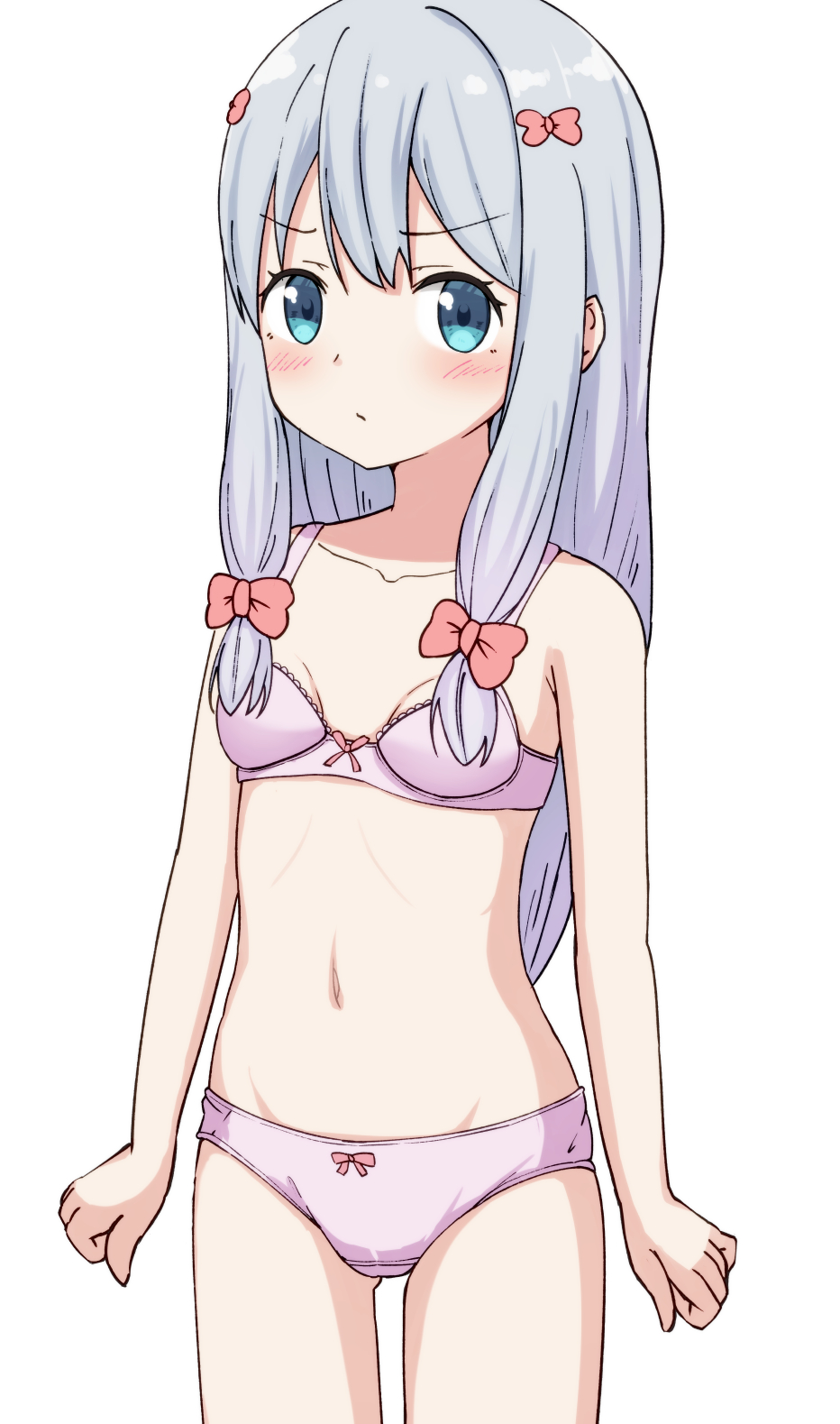 1girl bangs bare_arms bare_shoulders blue_eyes blush bow bow_bra bow_panties bra breasts closed_mouth collarbone eromanga_sensei eyebrows_visible_through_hair grey_hair groin hair_bow highres hippo_(hirople) izumi_sagiri long_hair looking_at_viewer navel panties pink_bra pink_panties red_bow simple_background small_breasts solo underwear underwear_only v-shaped_eyebrows very_long_hair white_background