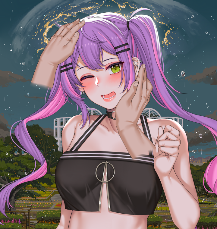 1girl black_choker black_tank_top blush breasts choker clouds commentary crop_top cropped_jacket demon_girl disembodied_limb ear_piercing english_commentary flower green_eyes hair_ornament hairclip hanada_yanochi headpat hololive house jacket lamp lavender_(flower) long_hair long_sleeves looking_at_viewer midriff multicolored_hair night night_sky o-ring o-ring_choker off_shoulder one_eye_closed outdoors piercing pink_hair plant purple_hair sidelocks sky smile star_(sky) streaked_hair tank_top tokoyami_towa twintails virtual_youtuber white_jacket