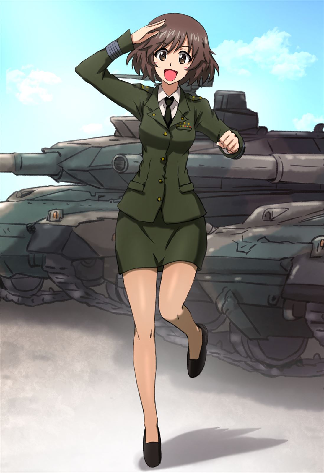 1girl akiyama_yukari armored_vehicle blush breasts brown_eyes brown_hair caterpillar_tracks clouds commentary_request day girls_und_panzer ground_vehicle highres japan_ground_self-defense_force japan_self-defense_force military military_uniform military_vehicle motor_vehicle necktie older omachi_(slabco) pantyhose sheer_legwear short_hair sky smile solo tank type_10_(tank) uniform