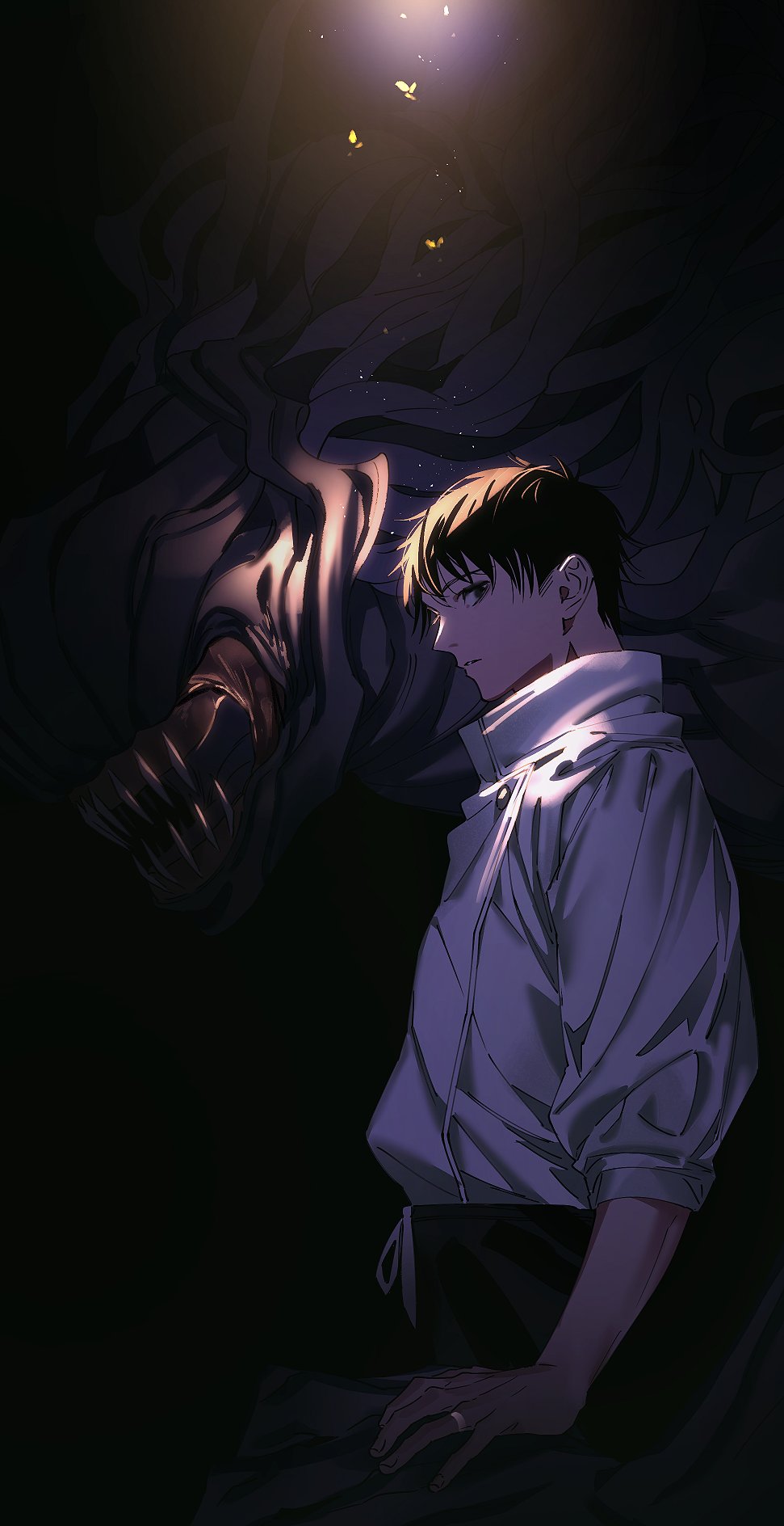 1boy belt black_background black_eyes black_hair black_pants buttons cowboy_shot dark expressionless from_side hand_on_another's_hand high_collar highres jacket jewelry jujutsu_kaisen light_particles long_sleeves looking_at_viewer monster no_eyes okkotsu_yuuta open_mouth orimoto_rika pants parted_lips profile ring sharp_teeth short_hair size_difference smile standing teeth tenobe white_jacket