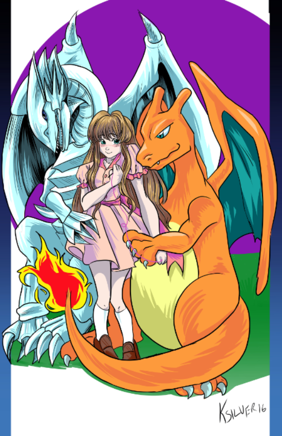 blue_eyes blue_eyes_white_dragon brown_hair charizard pink_dress yuki yuki_hoshia