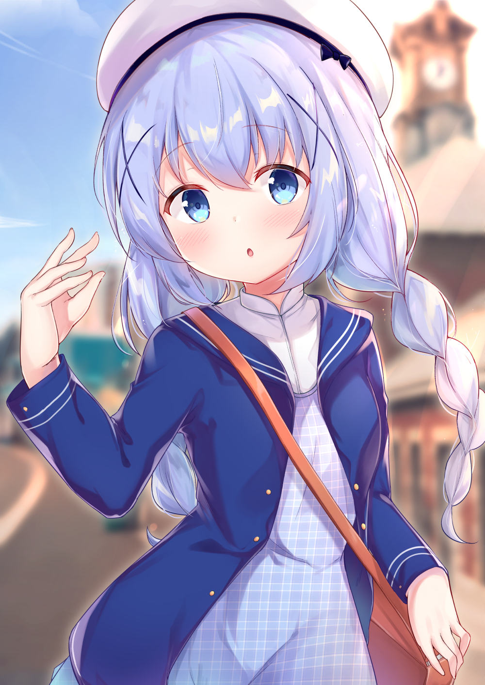 1girl :o alternate_hairstyle bag beret blue_eyes blue_hair blurry blurry_background blush bow dress eyebrows_visible_through_hair gochuumon_wa_usagi_desu_ka? hat highres kafuu_chino long_hair long_sleeves solo tiguruvurumudo_vuorun twintails