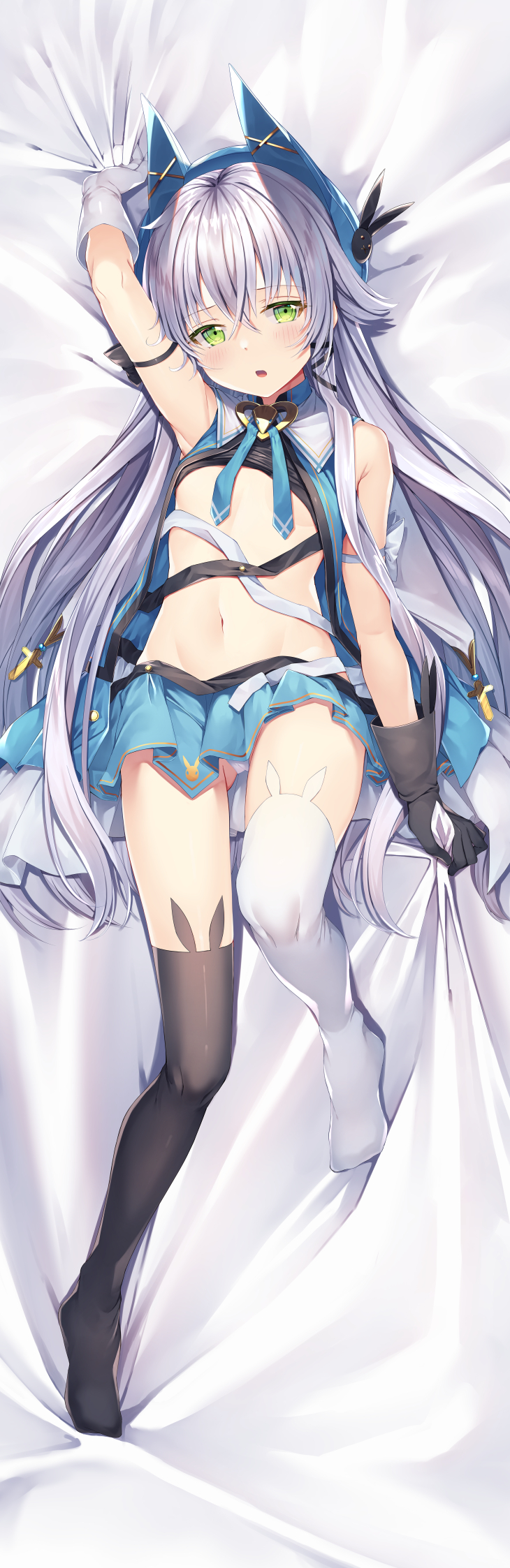 altina_orion asymmetrical_gloves asymmetrical_legwear black_gloves black_legwear dakimakura_(medium) eiyuu_densetsu gloves green_eyes gurasion_(gurasion) hair_flaps hat highres long_hair navel panties pantyshot sen_no_kiseki underwear white_gloves white_hair white_legwear white_panties