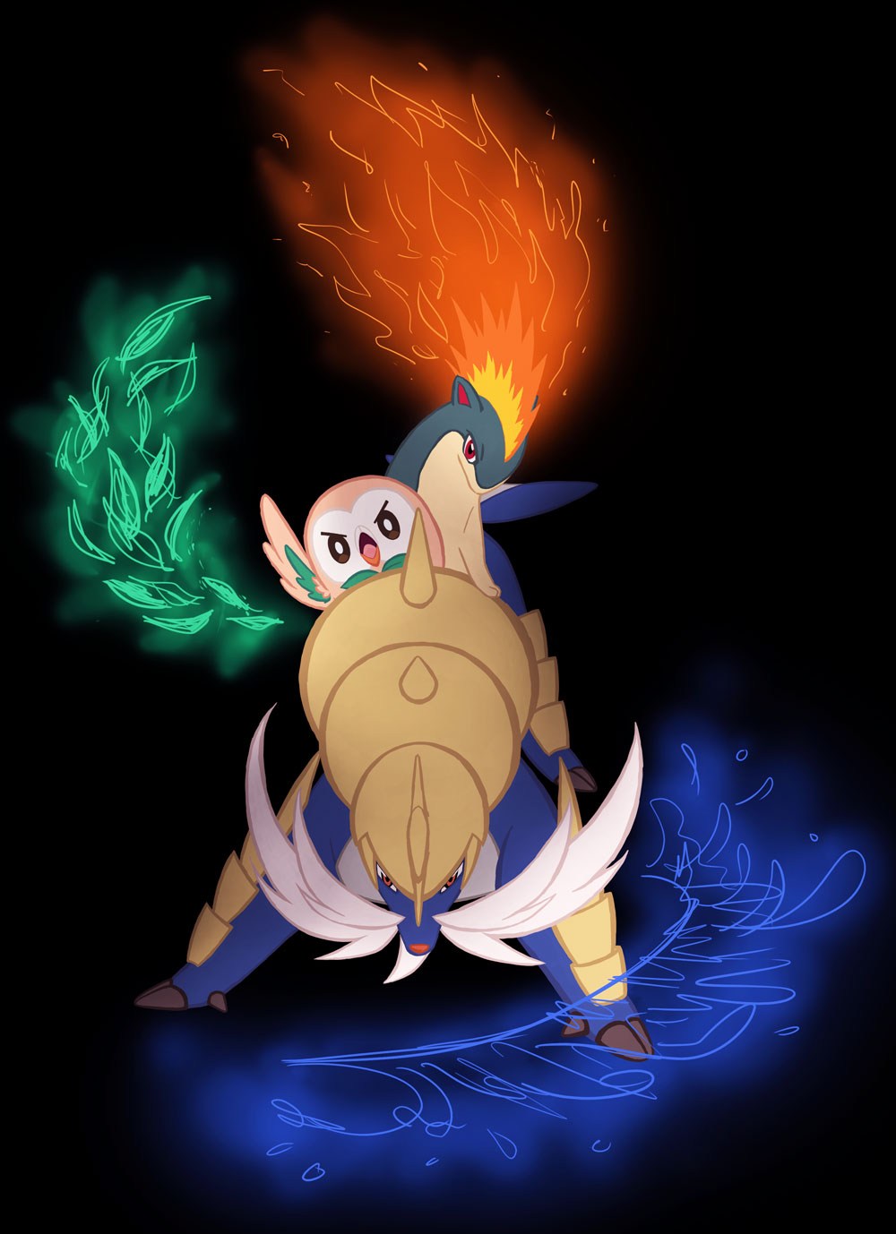 black_background drawfag fire gen_2_pokemon gen_5_pokemon gen_7_pokemon highres looking_at_viewer no_humans open_mouth pokemon pokemon_(creature) quilava rowlet samurott standing