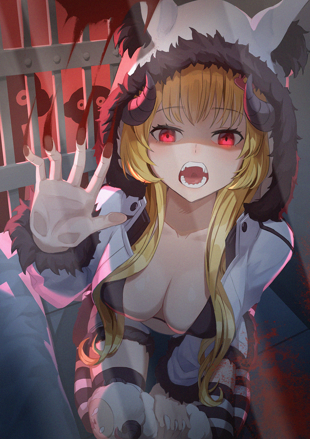 against_glass animal_hood arm_up bars blonde_hair blood breasts from_above fur_trim highres hololive hood horns icewind0223 indoors large_breasts long_hair looking_at_viewer open_mouth red_eyes shaded_face silhouette sitting solo striped striped_legwear teeth thigh-highs tsunomaki_watame virtual_youtuber