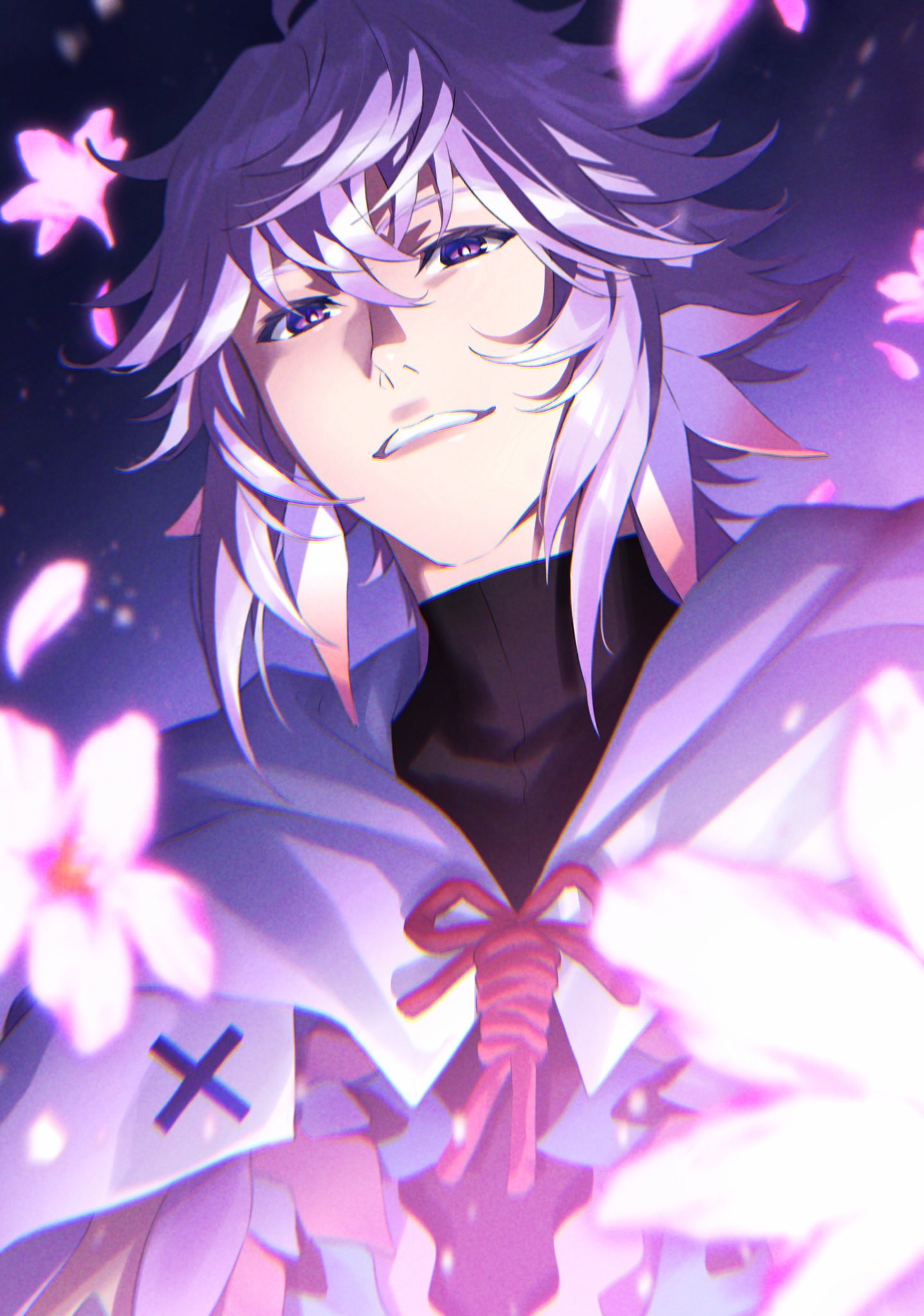 1boy blurry cape depth_of_field fate/grand_order fate_(series) flower gradient_hair highres long_hair male_focus merlin_(fate) messy_hair mosako multicolored_hair purple_hair solo turtleneck violet_eyes white_hair