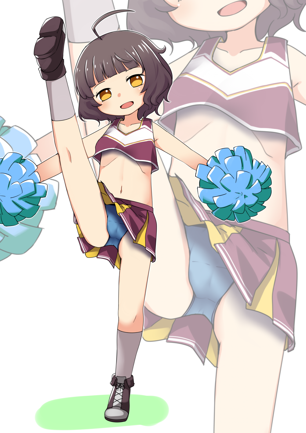 1girl ahoge alternate_costume bangs blue_panties blunt_bangs brown_eyes brown_hair brown_skirt cheerleader commentary_request crop_top crop_top_overhang full_body high_kick highres holding holding_pom_poms kantai_collection kicking kishinami_(kancolle) looking_at_viewer nassukun panties pleated_skirt pom_pom_(cheerleading) short_hair skirt sleeveless solo underwear wavy_hair zoom_layer