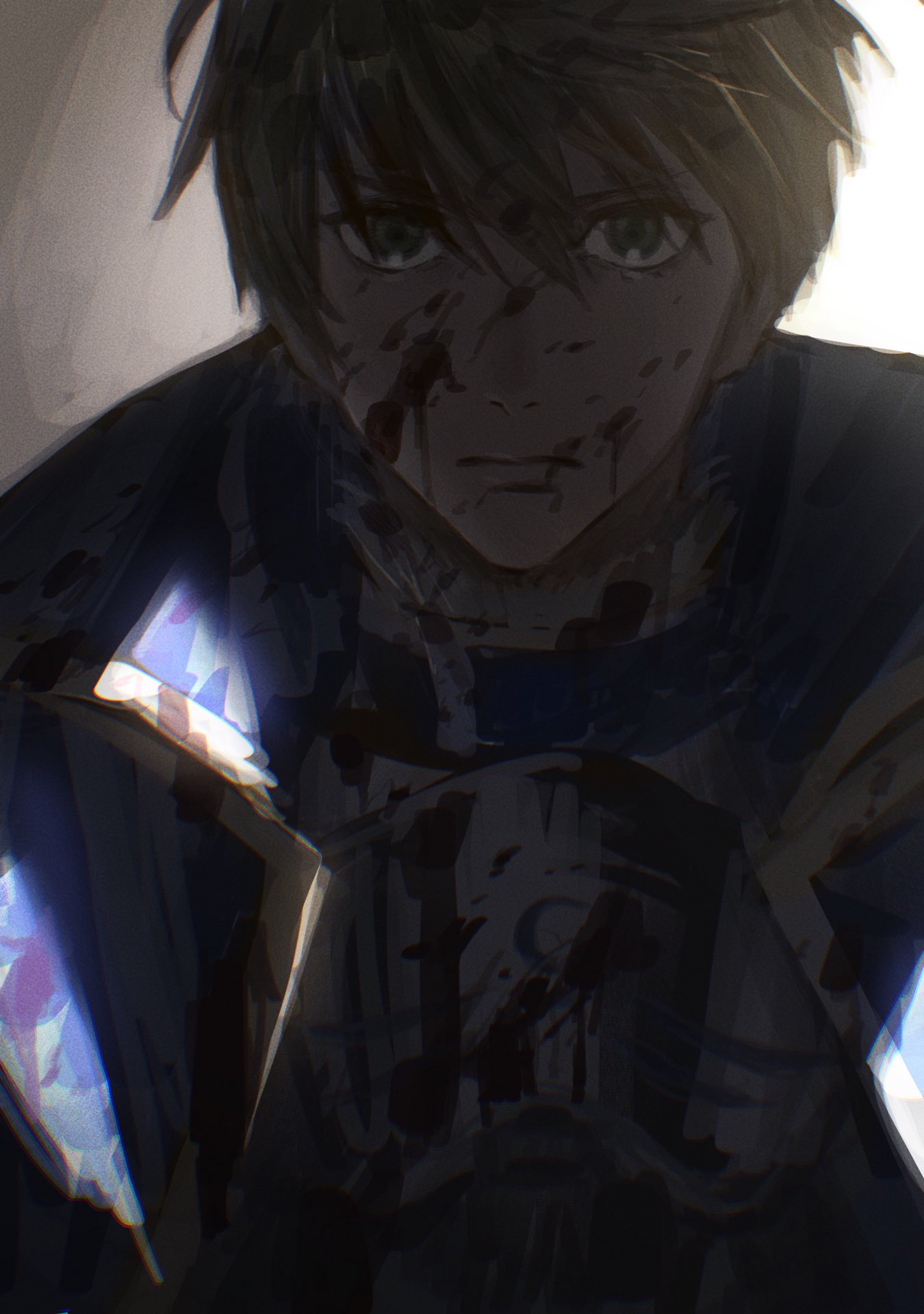 1boy armor arthur_pendragon_(fate) blonde_hair blood blood_on_face blood_splatter darkness fate/prototype fate_(series) green_eyes highres male_focus mosako shade shaded_face shadow solo
