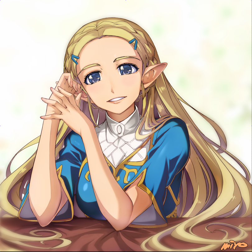 1girl artist_name blonde_hair blue_dress blue_eyes breasts dress elbow_rest elbows_on_table hair_ornament hairclip long_hair looking_at_viewer miyo_(13th_floor) pointy_ears princess_zelda short_sleeves sunrise the_legend_of_zelda very_long_hair white_background