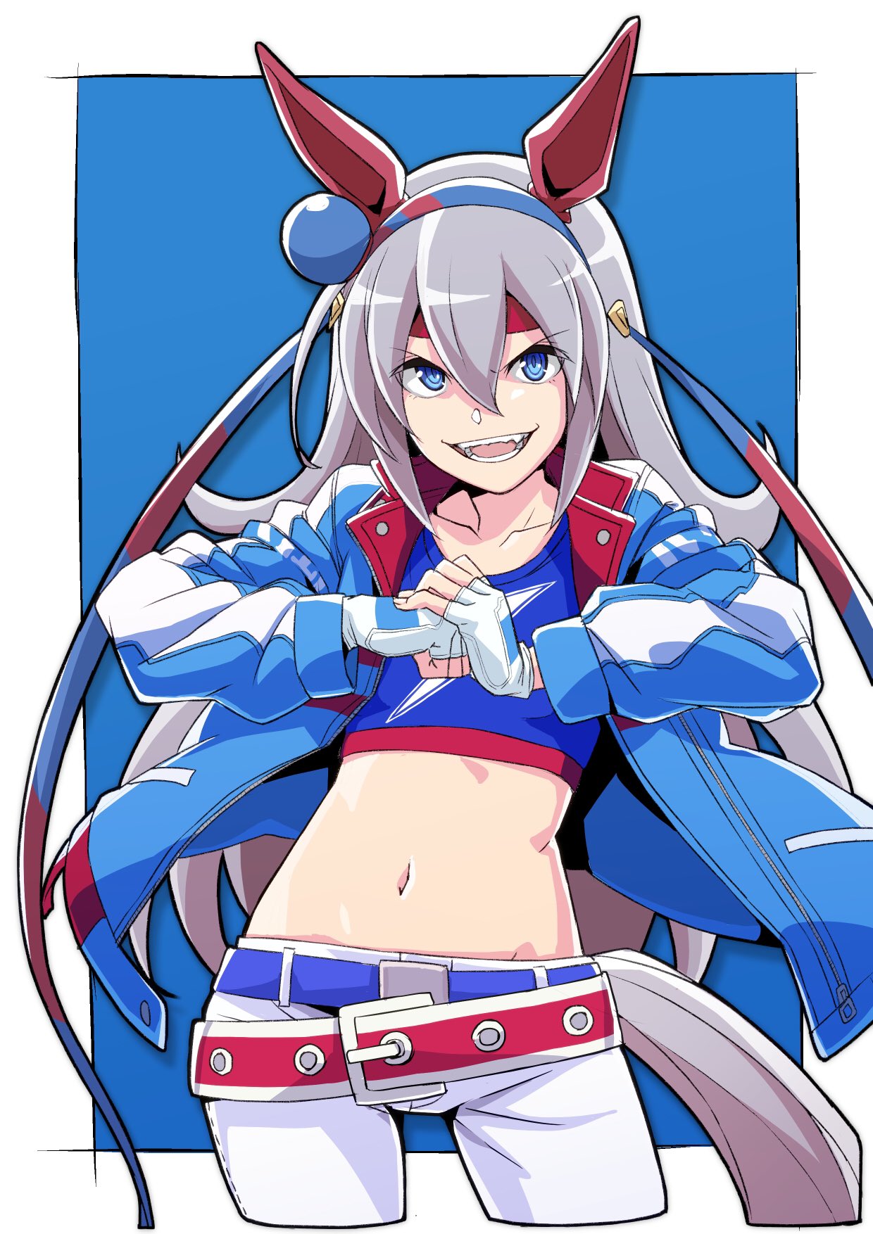 1girl :d animal_ears belt blue_background blue_eyes blue_jacket commentary_request cracking_knuckles cropped_legs ear_covers fingerless_gloves fist_in_hand gloves grey_hair hairband headband highres horse_ears horse_girl horse_tail jacket long_hair long_sleeves looking_at_viewer navel open_mouth pants smile solo stomach tail tamamo_cross_(umamusume) two-tone_background umamusume wakayama_kazuto white_background white_gloves white_pants