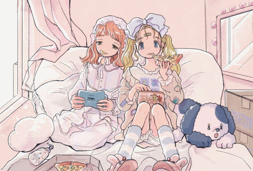 2girls blonde_hair blue_eyes bow chips curtains dress eating food food_in_mouth hair_bow holding holding_food knees_up long_hair medium_hair multiple_girls orange_hair original pillow pizza potato_chips slippers socks toyux2 twintails white_bow white_dress window