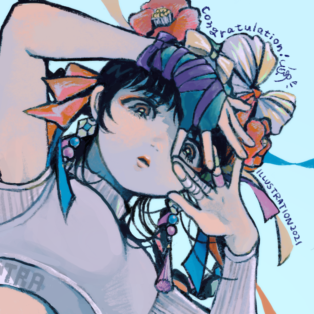 1girl 2021 aqua_gloves arms_up bangs blue_background blue_ribbon brown_eyes congratulations earrings fingerless_gloves flower gloves hair_flower hair_ornament illustration.media jewelry looking_at_viewer original parted_lips purple_ribbon red_flower red_ribbon ribbon ribbon_braid shadow simple_background single_glove solo toyux2