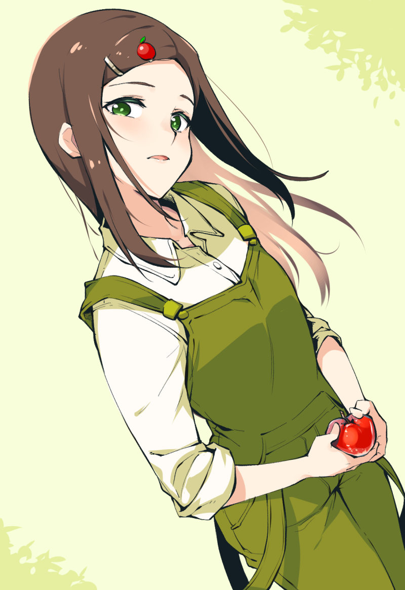 1girl apple aqua_pupils bright_pupils brown_hair buttons collared_shirt dress_shirt dutch_angle elysion food fruit green_background green_eyes green_overalls hair_ornament hairclip holding holding_food holding_fruit long_hair open_mouth overalls shirt sleeves_folded_up solo sound_horizon straight_hair white_shirt yield youhei_64d