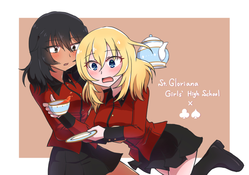 2girls alternate_costume andou_(girls_und_panzer) bangs black_footwear black_hair black_skirt blonde_hair blue_eyes blush boots border brown_eyes club_(shape) commentary cup dark-skinned_female dark_skin english_text epaulettes eyebrows_visible_through_hair girls_und_panzer grey_background hand_on_another's_chest holding holding_cup holding_person holding_saucer holding_teapot jacket leaning_forward leg_up long_sleeves looking_at_another lucky_pervert medium_hair messy_hair military military_uniform miniskirt multiple_girls oshida_(girls_und_panzer) outside_border pleated_skirt red_jacket salt-apple saucer skirt spade_(shape) spilling st._gloriana's_military_uniform standing standing_on_one_leg sweatdrop teacup teapot tripping uniform white_border