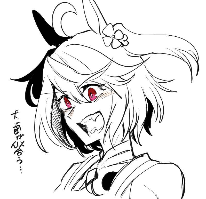 1girl ahoge animal_ears bare_shoulders fangs greyscale horse_ears horse_girl long_hair monochrome red_eyes short_hair side_ponytail sketch solo spot_color takatsuki_nato translated umamusume upper_body