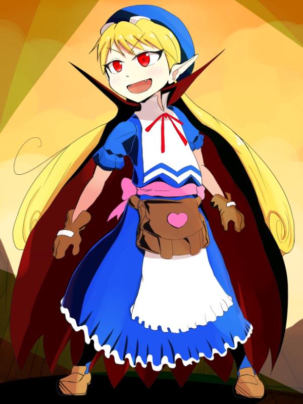 1girl apron bag blonde_hair blue_headwear brown_bag cape curly_hair dress fang gloves goggles goggles_on_head hat long_hair marivel_armitage open_mouth pointy_ears red_eyes ribbon smile solo wild_arms wild_arms_2