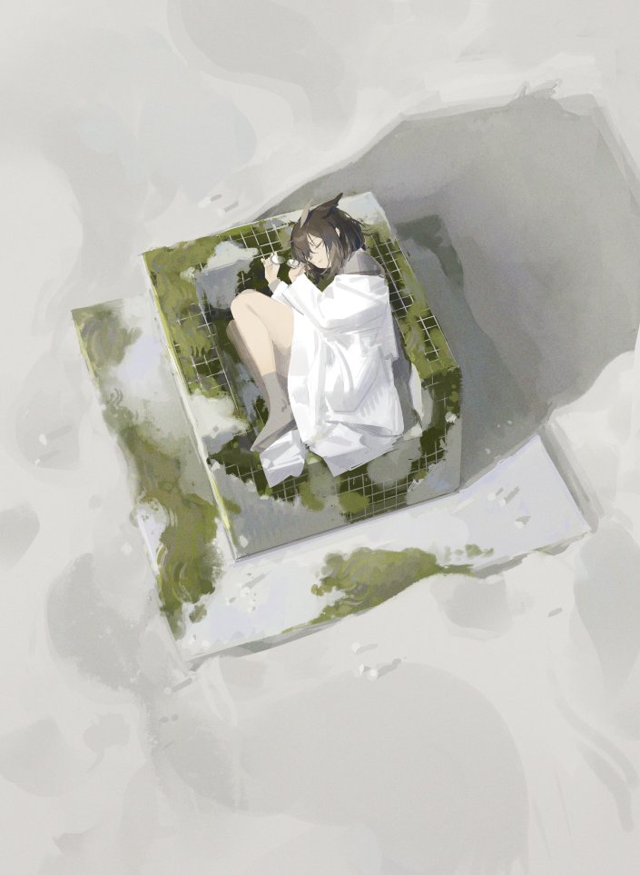 1girl arknights brown_hair closed_eyes closed_mouth coat commentary_request feather_hair fetal_position glasses grey_legwear holding holding_eyewear labcoat medium_hair norizc off_shoulder outdoors owl_ears shade silence_(arknights) sleeping socks solo white_coat wide_shot