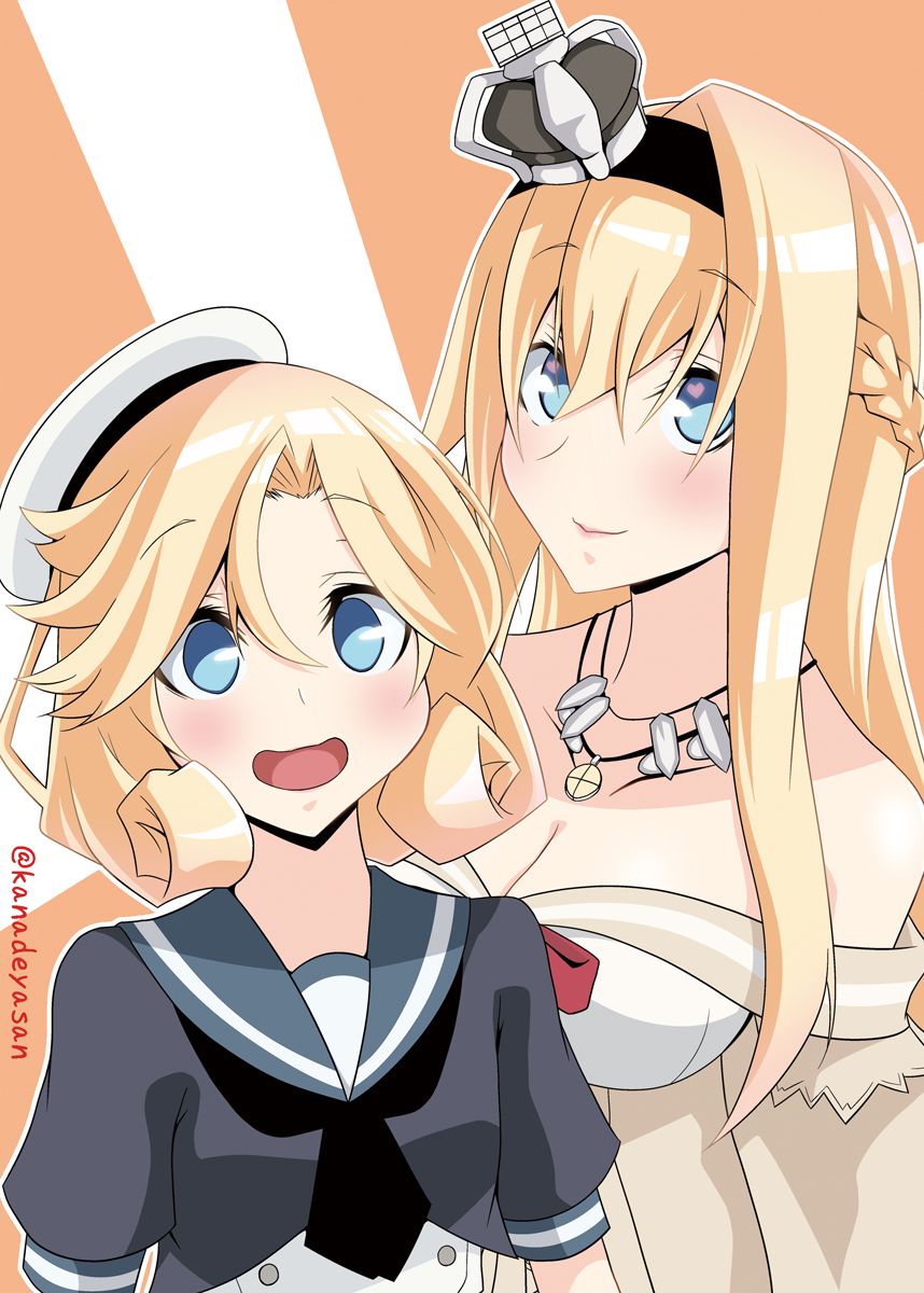 2girls black_hairband black_neckwear blonde_hair blue_eyes blue_sailor_collar braid commentary_request crown dress flower french_braid hairband hat highres janus_(kancolle) jewelry kanade_(kanadeya) kantai_collection long_hair long_sleeves looking_at_viewer mini_crown multiple_girls neckerchief necklace off-shoulder_dress off_shoulder orange_background red_flower red_ribbon red_rose ribbon rose sailor_collar sailor_dress sailor_hat short_hair upper_body warspite_(kancolle) white_dress white_headwear