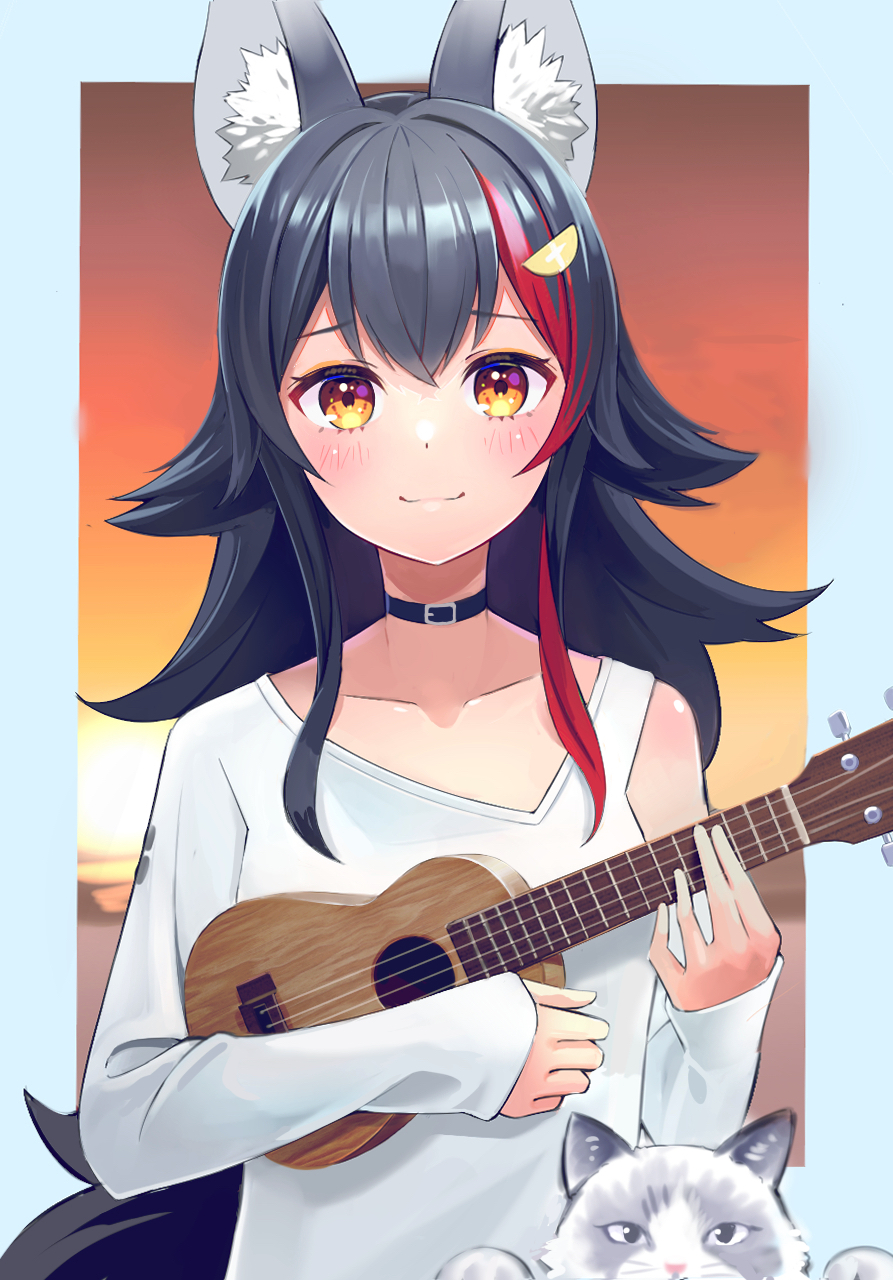 1girl animal_ears asymmetrical_clothes asymmetrical_shirt bangs black_collar blush cat closed_mouth clothing_cutout collar collarbone crossed_bangs hair_between_eyes hair_ornament hairclip highres holding holding_instrument hololive instrument long_hair long_sleeves looking_at_viewer midori_matsukaze multicolored_hair music ookami_mio playing_instrument redhead shirt shoulder_cutout sidelocks sleeves_past_wrists smile solo streaked_hair sunset taiga_(ookami_mio) ukulele upper_body very_long_hair virtual_youtuber white_shirt wolf wolf_ears yellow_eyes