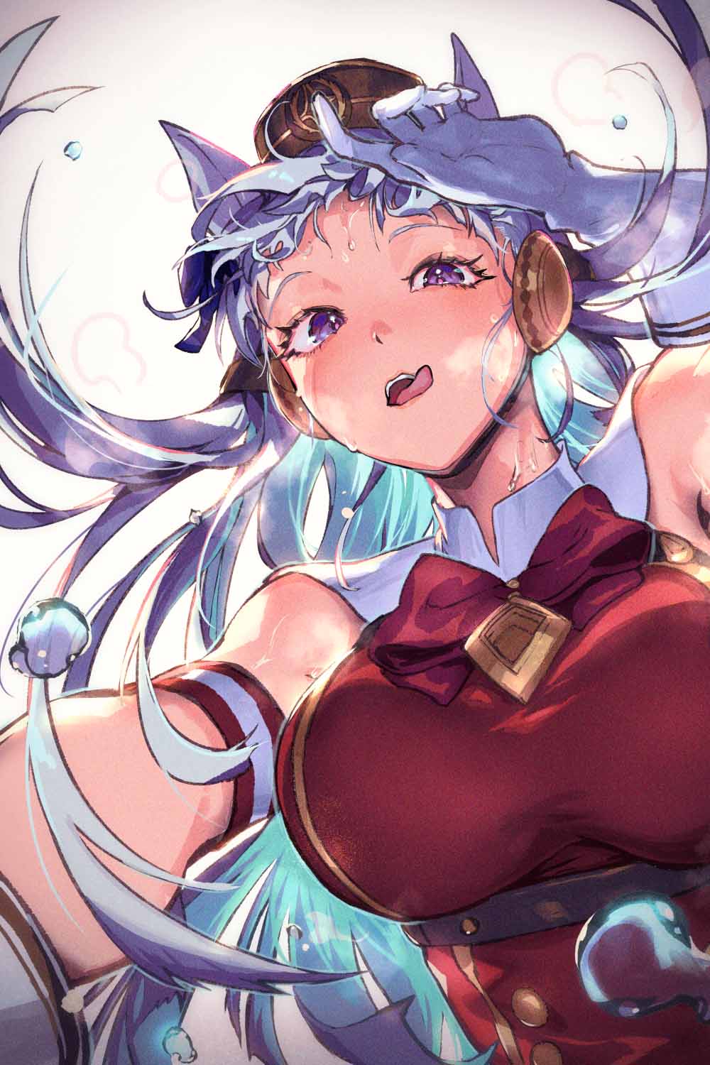 1girl animal_ears bangs bare_shoulders belt blush breasts dress gold_ship_(umamusume) hand_in_hair hanging_breasts hat highres horse_ears large_breasts long_hair looking_at_viewer nijimaarc open_mouth pillbox_hat red_dress solo steam steaming_body tongue tongue_out umamusume very_long_hair violet_eyes wet white_background white_hair