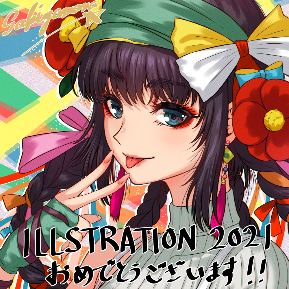 1girl 2021 black_eyes black_hair earrings hair_ribbon hand_up illustration.media jewelry long_hair looking_at_viewer orange_ribbon original pink_ribbon red_ribbon ribbon ribbon_braid sakiyamama smile solo tongue tongue_out v