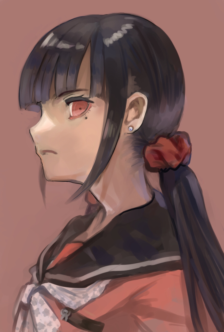 1girl bangs black_hair black_sailor_collar blunt_bangs bow closed_mouth dangan_ronpa_(series) dangan_ronpa_v3:_killing_harmony earrings from_side frown hair_ornament hair_scrunchie harukawa_maki highres jewelry long_hair looking_at_viewer looking_to_the_side low_twintails mai_yukari mole mole_under_eye profile red_background red_eyes red_scrunchie red_shirt sailor_collar scrunchie shirt solo twintails upper_body