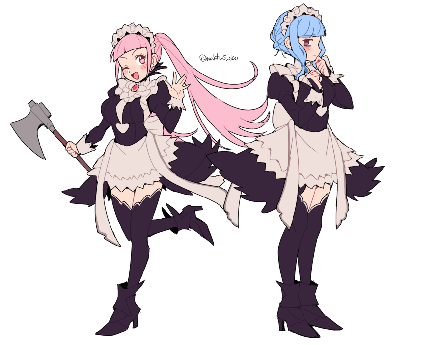 2girls artist_name axe blue_hair blush breasts do_m_kaeru fire_emblem fire_emblem:_three_houses full_body high_heels hilda_valentine_goneril holding holding_axe holding_weapon large_breasts long_hair long_sleeves maid maid_headdress marianne_von_edmund multiple_girls one_eye_closed open_mouth pink_hair simple_background standing thigh-highs tongue twintails twitter_username watermark waving weapon white_background