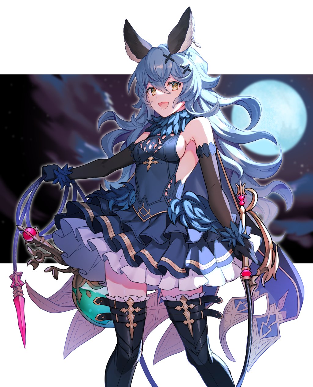 1girl :d animal_ears bangs bare_shoulders blue_dress blue_hair boots breasts cape clouds dress earrings elbow_gloves erune feathers feet_out_of_frame ferry_(granblue_fantasy) flask gloves granblue_fantasy hair_ornament highres jewelry kingyo_114 layered_dress medium_breasts moon night night_sky open_mouth petticoat round-bottom_flask sideboob sky sleeveless smile solo standing thigh-highs thigh_boots wavy_hair whip x_hair_ornament