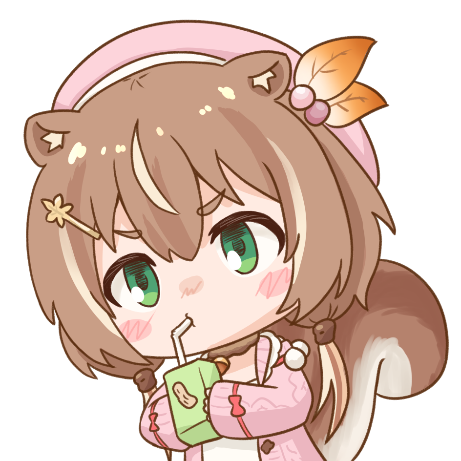 animal_ears ayunda_risu bangs beret blush blush_stickers brown_hair cable_knit cardigan chibi commentary drink drinking drinking_straw drinking_straw_in_mouth english_commentary exfp green_eyes hair_between_eyes hair_bobbles hair_ornament hairclip hat holding holding_drink hololive hololive_indonesia jewelry juice_box leaf_hair_ornament long_hair looking_ahead necklace open_cardigan open_clothes pink_cardigan pink_headwear squirrel_ears squirrel_girl squirrel_tail tail transparent_background twintails upper_body v-shaped_eyebrows