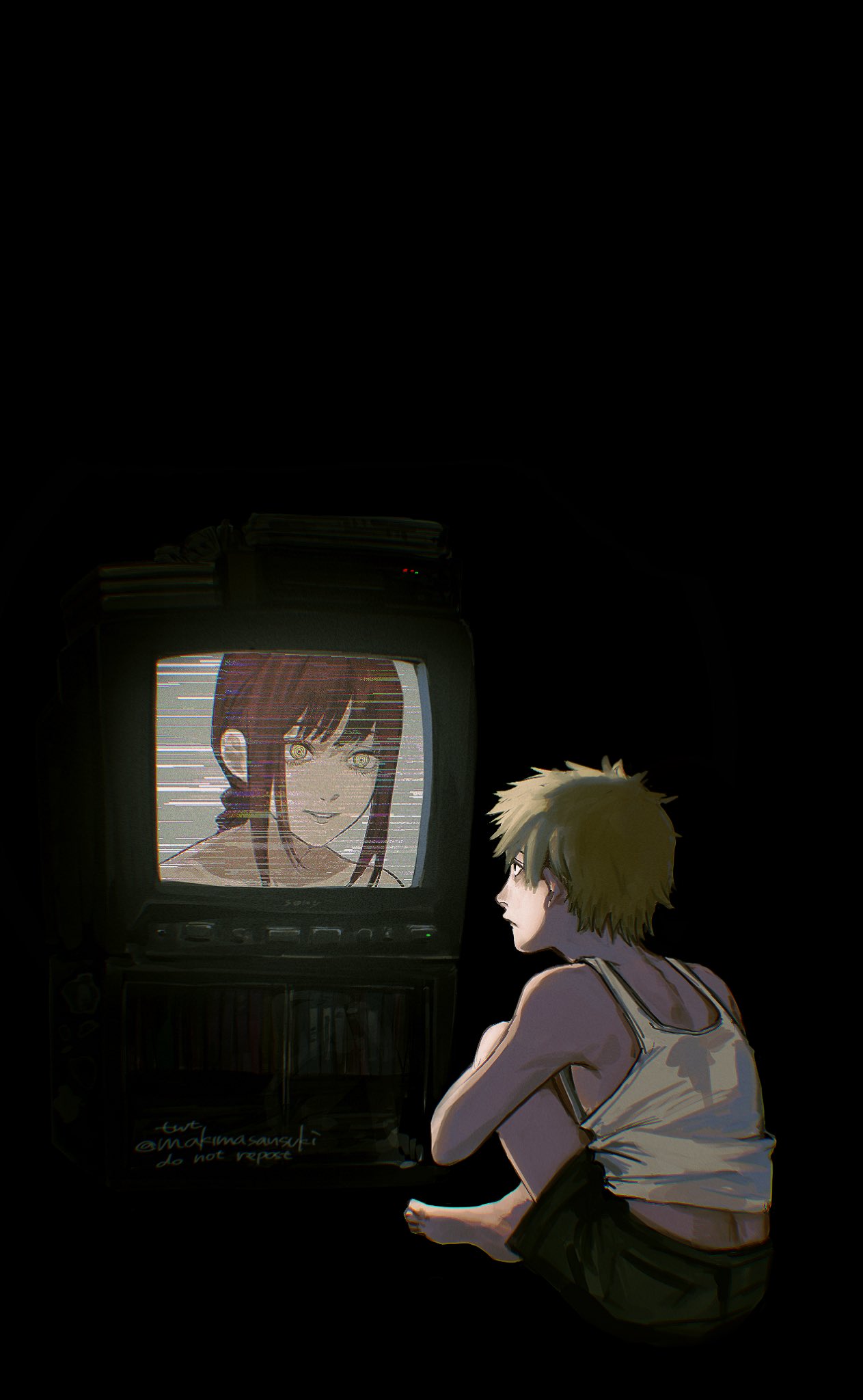 1boy 1girl bare_shoulders black_background blonde_hair chainsaw_man crossover denji_(chainsaw_man) highres looking_at_another makima_(chainsaw_man) makimasansuki redhead serial_experiments_lain shirt short_hair sitting sleeveless sleeveless_shirt solo television watching watching_television yellow_eyes