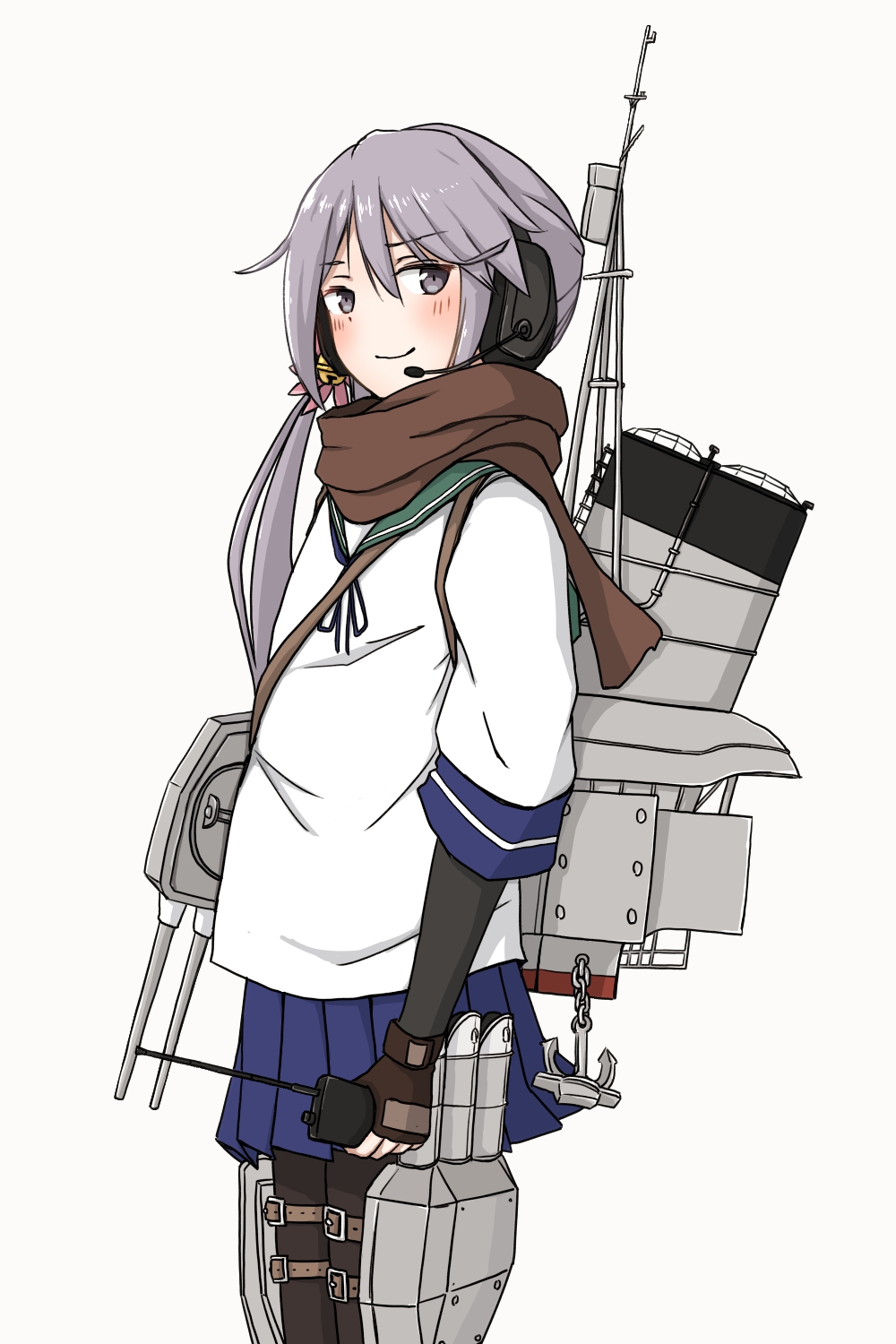 1girl akebono_(kancolle) anchor bangs bell black_legwear blue_skirt brown_gloves brown_scarf elbow_gloves eyebrows_visible_through_hair flower gloves hair_bell hair_between_eyes hair_flower hair_ornament headphones headset highres kantai_collection long_hair pantyhose pillow pleated_skirt po0000000000 ponytail purple_hair rigging sailor_collar scarf school_uniform serafuku side_ponytail simple_background skirt smile solo violet_eyes walkie-talkie