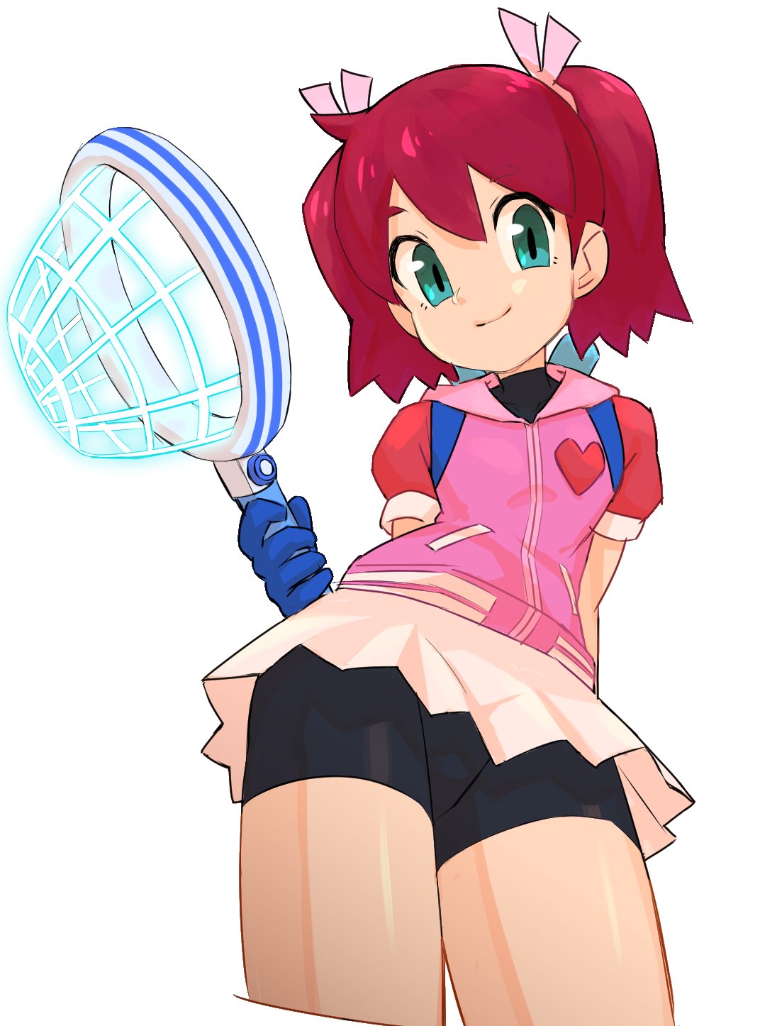 1girl ahoge black_shorts blue_gloves closed_mouth eyebrows eyebrows_visible_through_hair from_below gloves green_eyes hair_ribbon heart highres holding looking_at_viewer miniskirt net nyonn24 pink_ribbon pleated_skirt redhead ribbon saru_getchu sayaka_(saru_getchu) short_hair short_sleeves shorts shorts_under_skirt simple_background skirt smile solo standing twintails upskirt white_background white_skirt