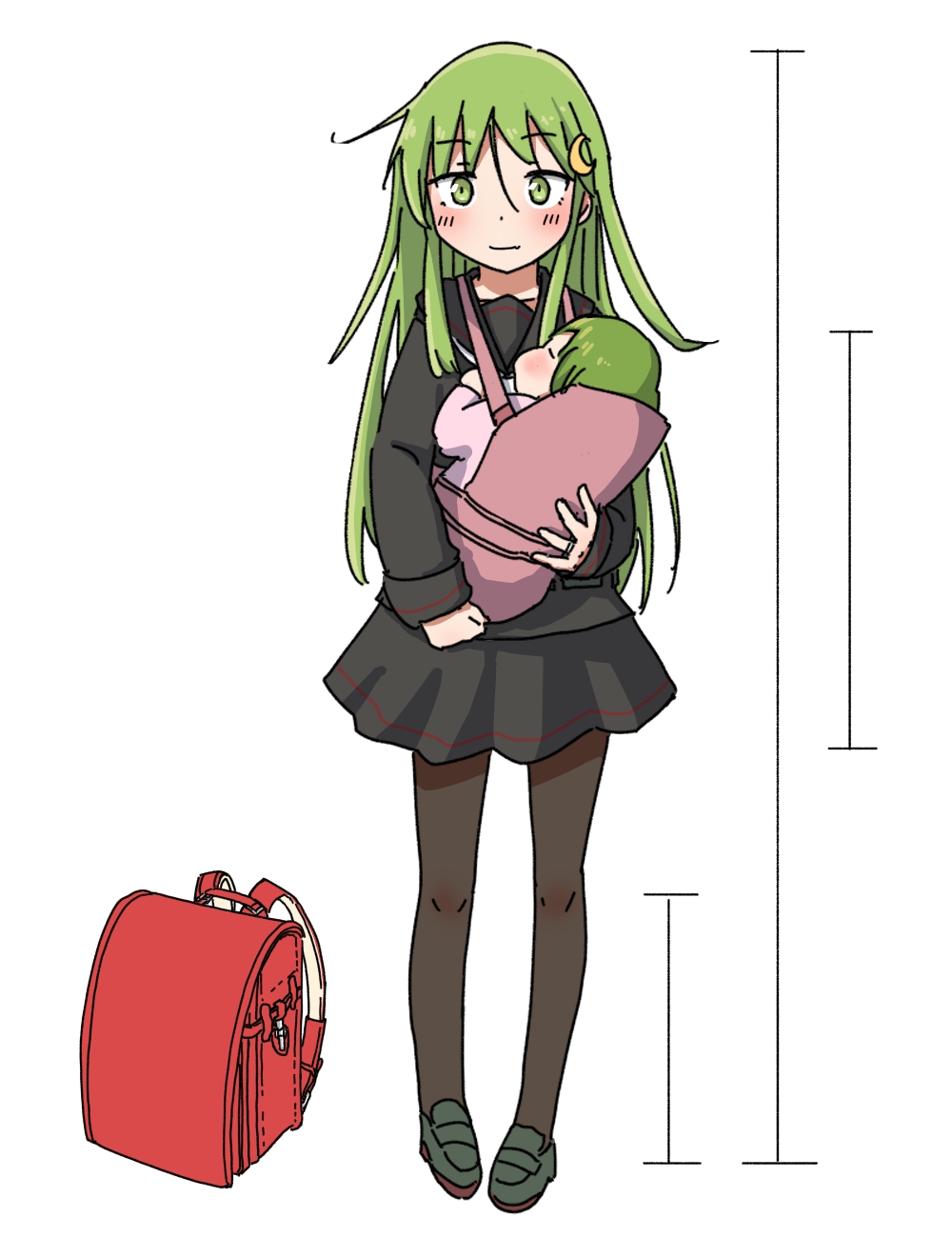 1girl baby backpack bag bangs black_legwear black_sailor_collar black_serafuku black_skirt blush closed_mouth crescent crescent_hair_ornament eyebrows_visible_through_hair green_eyes green_hair hair_ornament highres holding holding_baby jewelry kantai_collection long_hair long_sleeves nagatsuki_(kancolle) pantyhose po0000000000 randoseru ring sailor_collar school_uniform serafuku simple_background skirt wedding_band white_background