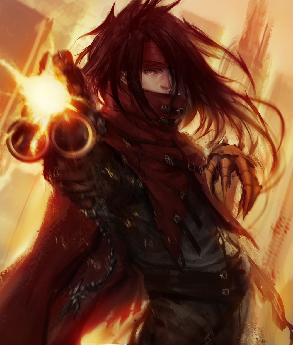 1boy arieaesu belt black_hair clawed_gauntlets cloak final_fantasy final_fantasy_vii firing headband hidden_mouth keychain leather long_hair red_eyes revolver vincent_valentine