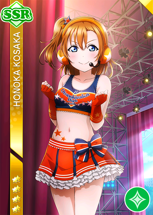 blue_eyes blush character_name cheerleader dress kousaka_honoka love_live!_school_idol_festival love_live!_school_idol_project orange_hair short_hair smile