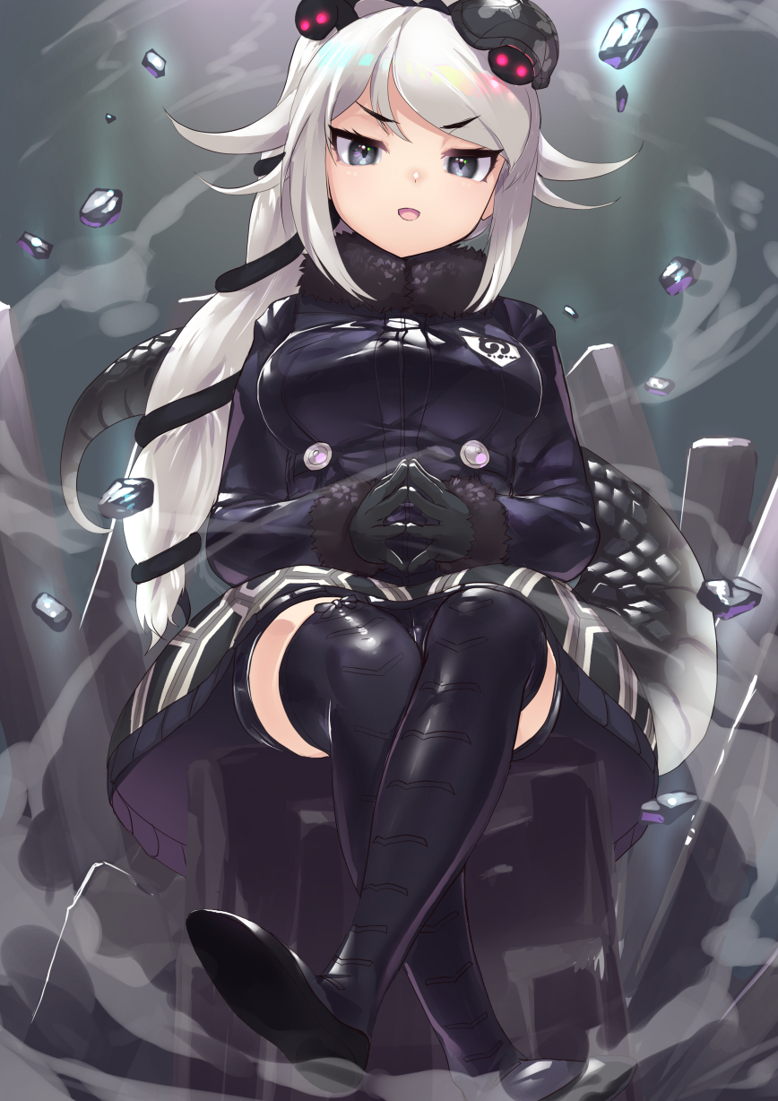 1girl :d bangs black_gloves black_jacket black_legwear black_shorts commentary_request crossed_legs eyebrows_visible_through_hair floating_rock full_body fur-trimmed_sleeves fur_collar fur_trim genbu_(kemono_friends) gloves glowing glowing_eyes grey_eyes hair_ornament highres jacket japari_symbol kemono_friends long_hair long_sleeves looking_at_viewer open_mouth ponytail shorts shorts_under_skirt silver_hair sitting smile snake_tail solo steepled_fingers tadano_magu tail thigh-highs turtle_shell