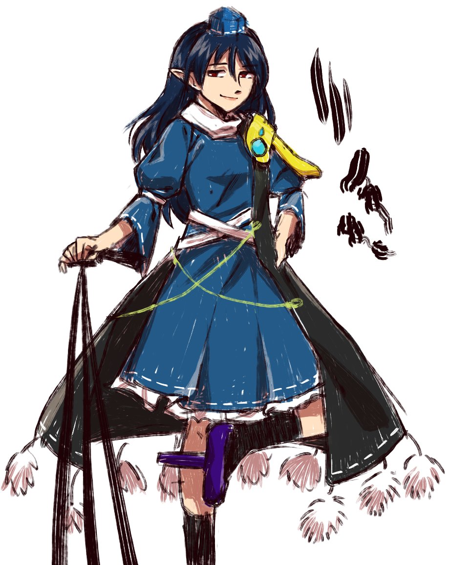 1girl black_legwear blue_dress blue_footwear blue_hair caramelized_tomatoes dress frilled_dress frills full_body gem geta hat iizunamaru_megumu kneehighs long_hair pointy_ears pom_pom_(clothes) purple_footwear red_eyes ribbon_trim shoulder_guard sketch sleeveless_coat tengu tengu-geta tokin_hat touhou unconnected_marketeers