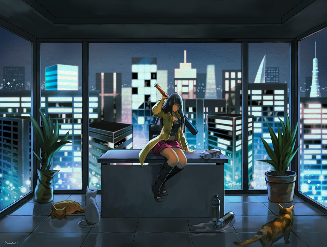 1girl bangs baseball_bat black_hair blunt_bangs boots brown_eyes cat city_lights cityscape indoors jacket long_hair looking_at_viewer midriff muraicchi_(momocchi) night open_clothes open_jacket original plant potted_plant sitting solo