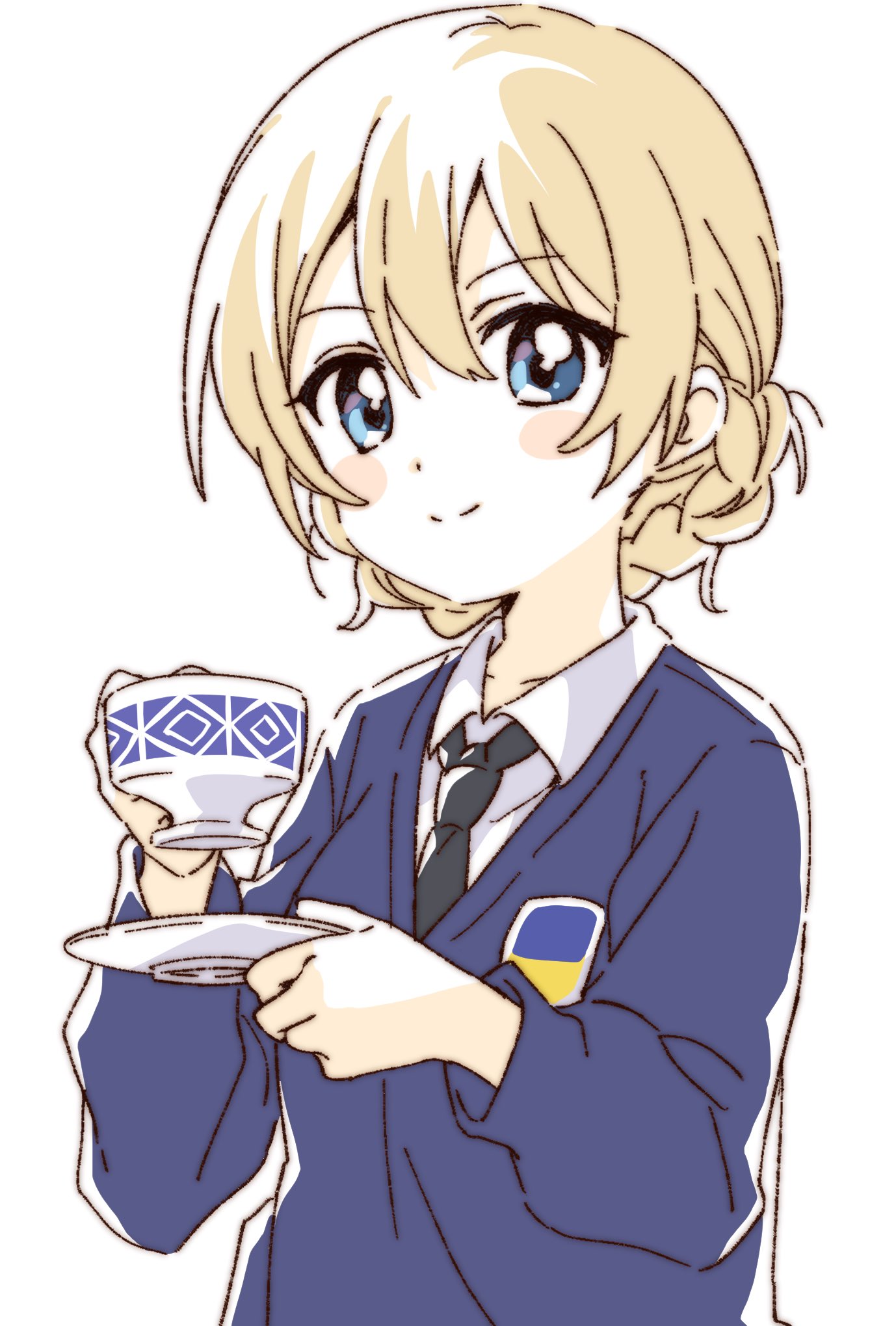 1girl bangs blonde_hair blue_eyes braid cup darjeeling_(girls_und_panzer) girls_und_panzer highres holding holding_cup looking_at_viewer namori school_uniform short_hair simple_background smile st._gloriana's_school_uniform teacup tied_hair twin_braids white_background