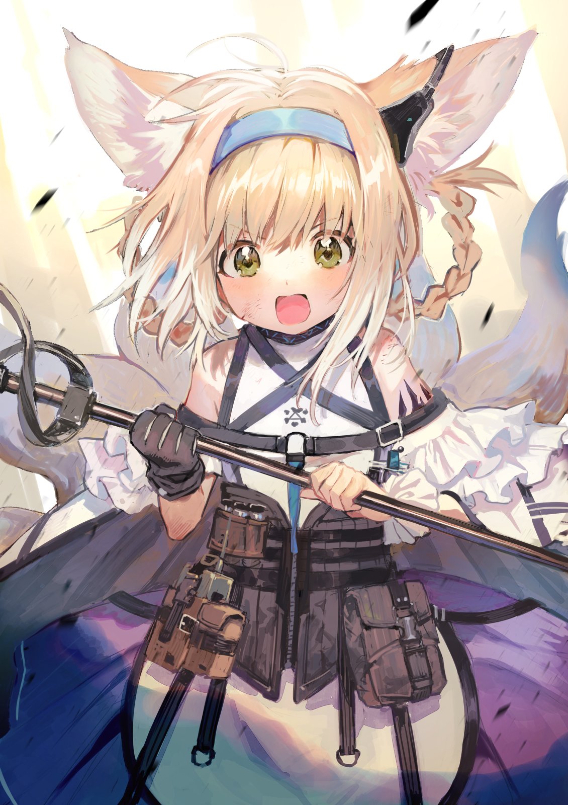 1girl animal_ears aoki_(fumomo) arknights bare_shoulders black_gloves blue_hairband braid dress earpiece fox_ears fox_girl fox_tail gloves hairband highres holding holding_staff infection_monitor_(arknights) kitsune kyuubi looking_at_viewer multiple_tails open_mouth oripathy_lesion_(arknights) short_hair single_glove solo staff suzuran_(arknights) tail upper_body white_dress