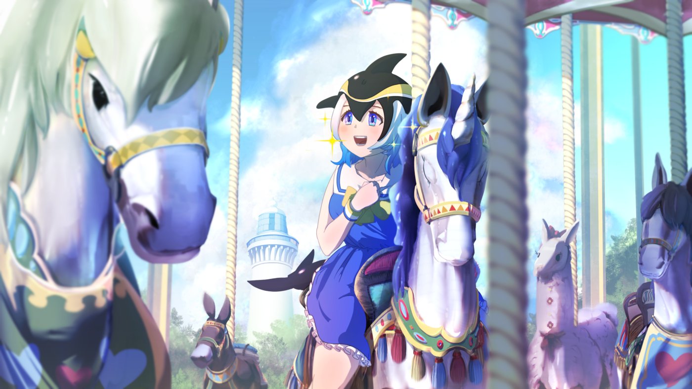 1girl bare_arms black_hair blonde_hair blowhole blue_dress blue_eyes blue_hair blush bow bowtie carousel collared_shirt commentary_request common_dolphin_(kemono_friends) dolphin_girl dolphin_tail dorsal_fin dress eyebrows_visible_through_hair frilled_dress frills gozouroppu2 kemono_friends kemono_friends_3 multicolored_hair open_mouth sailor_collar sailor_dress shirt short_hair sleeveless sleeveless_dress solo sparkle unicorn white_hair wristband yellow_neckwear