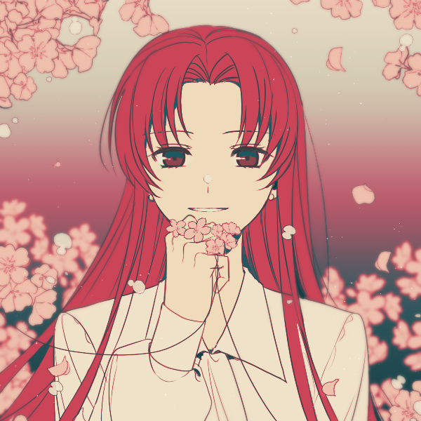 cardcaptor_sakura earrings eyebrows_visible_through_hair flower holding holding_flower jewelry ktsis long_hair looking_at_viewer mizuki_kaho petals red_eyes redhead shirt solo string string_of_fate teeth upper_body white_shirt